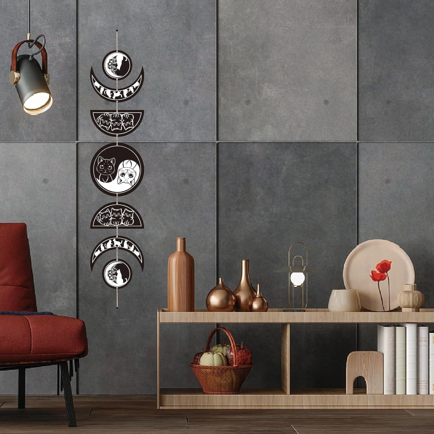 Moon Phase Wall Decor Wooden Boho 7-Piece Cat Yin Yang Art
