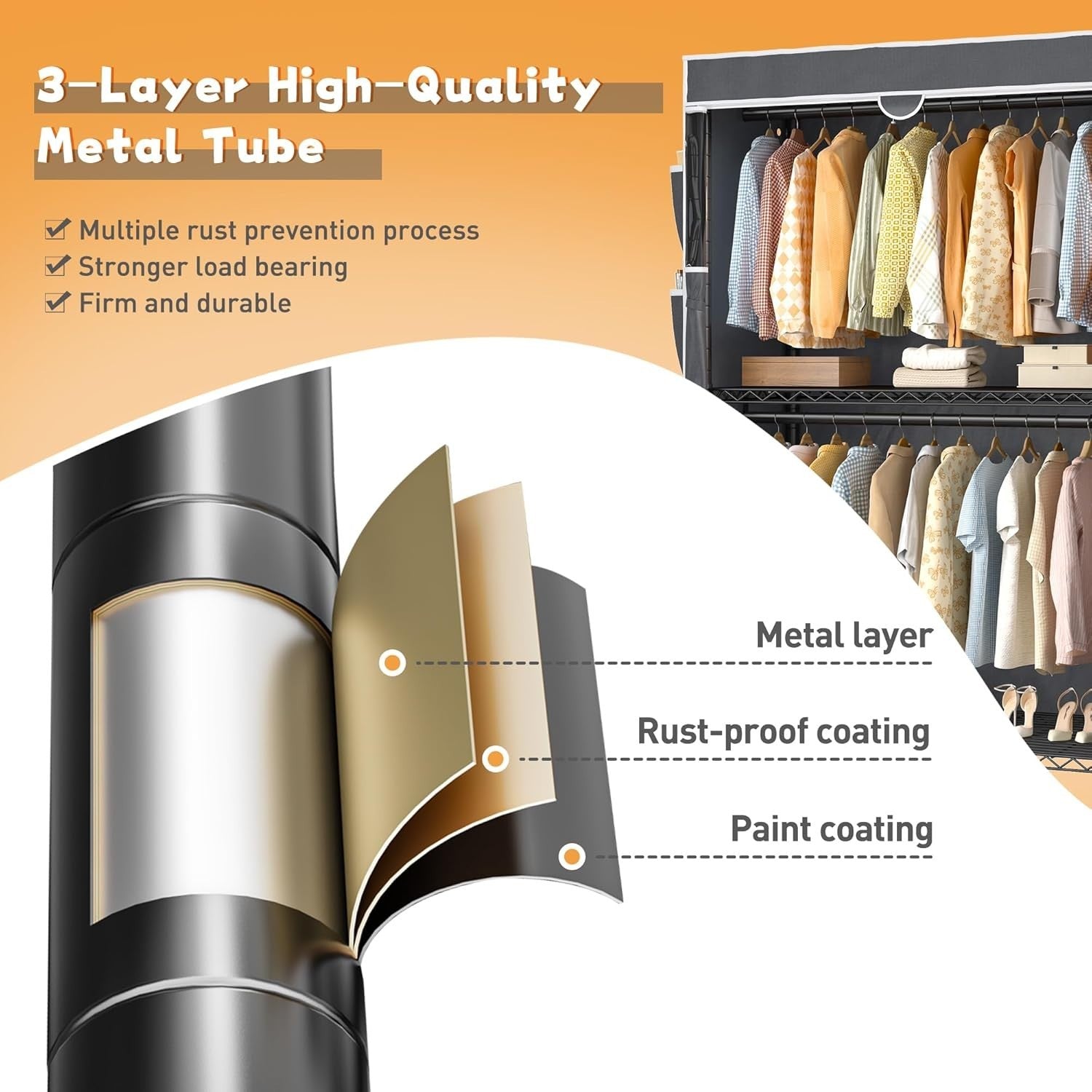 Heavy Duty Clothes Rail with Cover & Shelves – Black 204cm