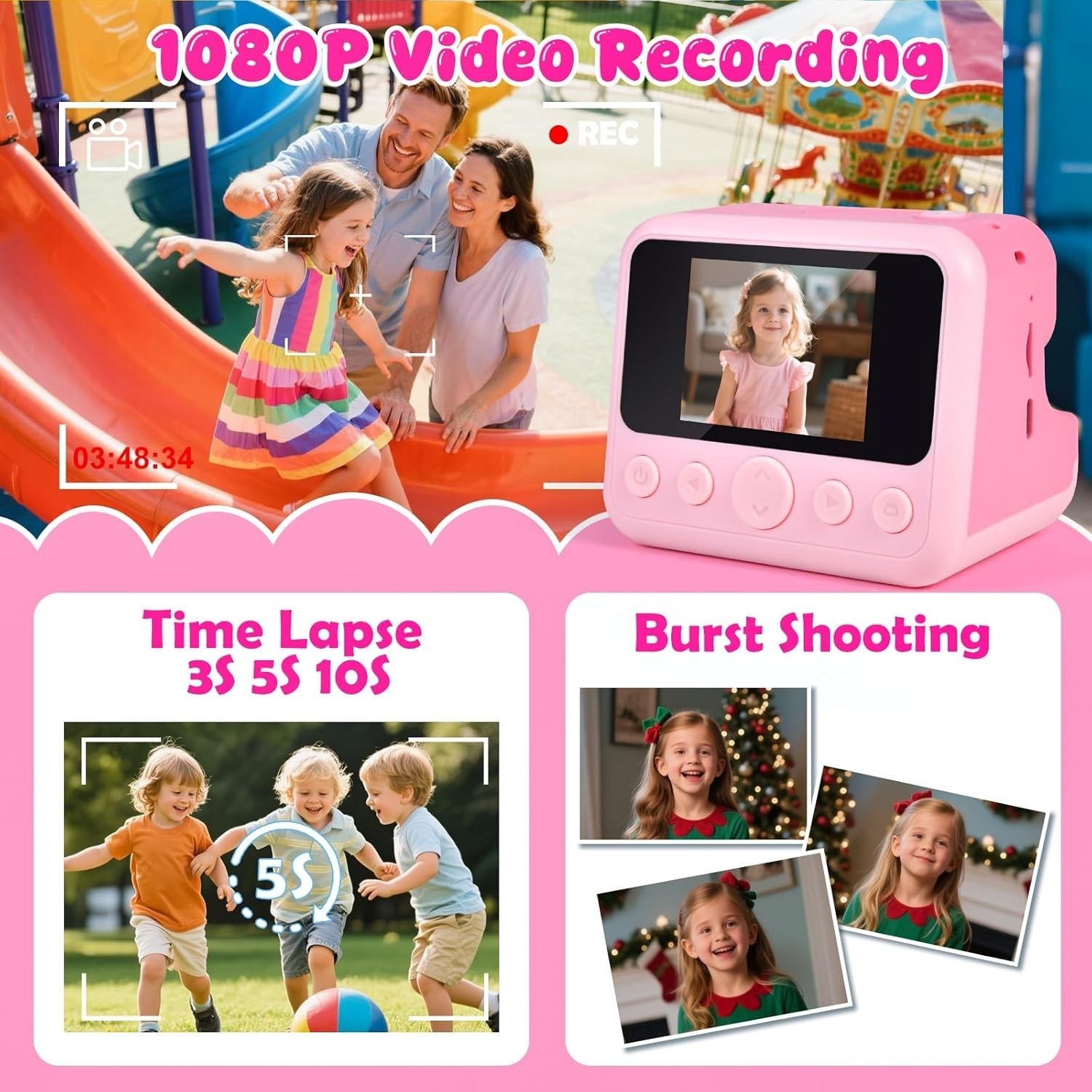 Kids Instant Print Camera 30MP 32GB Card 4 Paper Rolls Pink Bag