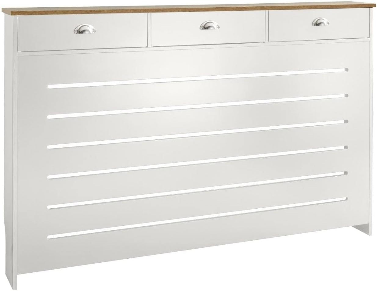 Cream Radiator Cover 150x19x96cm MDF Heating Cabinet | 3 Drawer Horizontal Slat