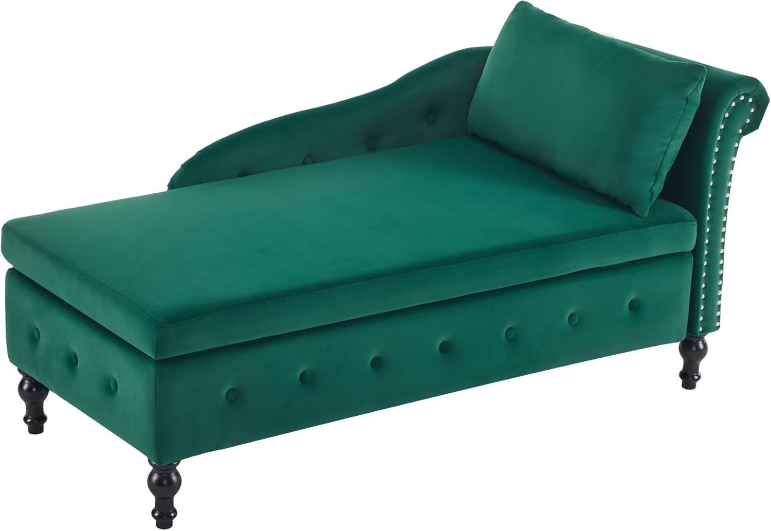 Velvet Chaise Lounge Sofa w/Storage & Pillow Right Armrest Green Tufted