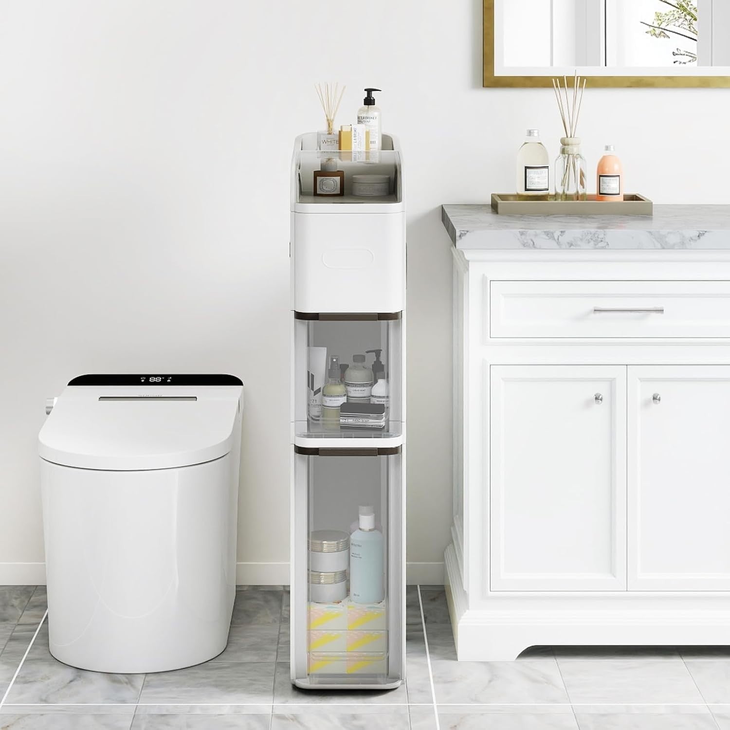 Slim Bathroom Storage Cabinet Rolling Organizer with Drawers White