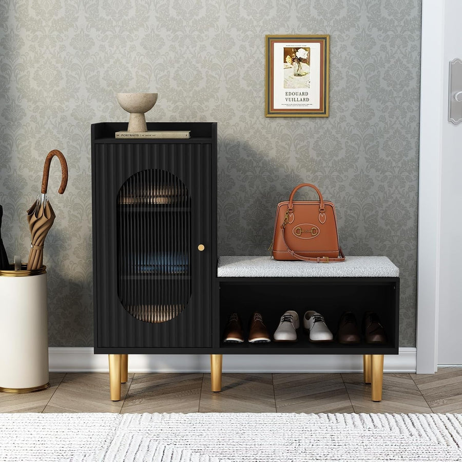 Black Shoe Storage Bench with Cushion & Glass Door Cabinet 100x29.5x91.5cm