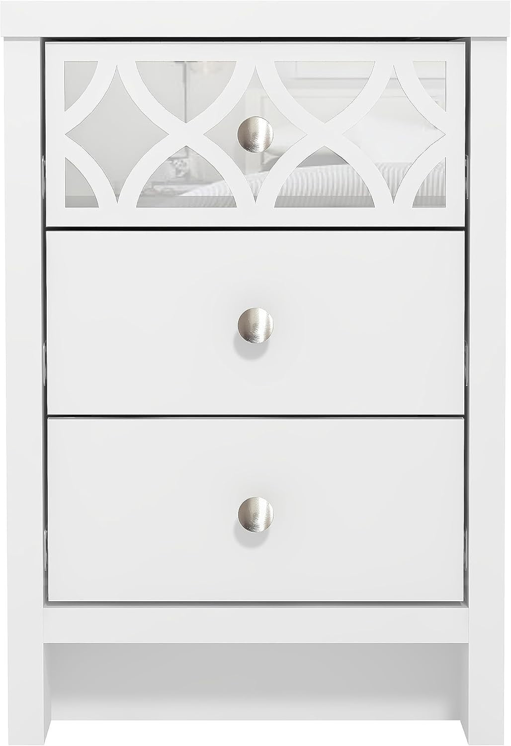 White 3 Drawer Bedside Table with Mirrored Panel, Modern Bedroom Cabinet 59x39cm