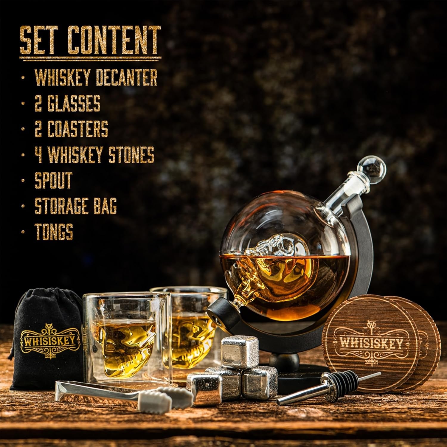 900ml Skull Whiskey Decanter Set with Glasses, Stones & Luxury Stand