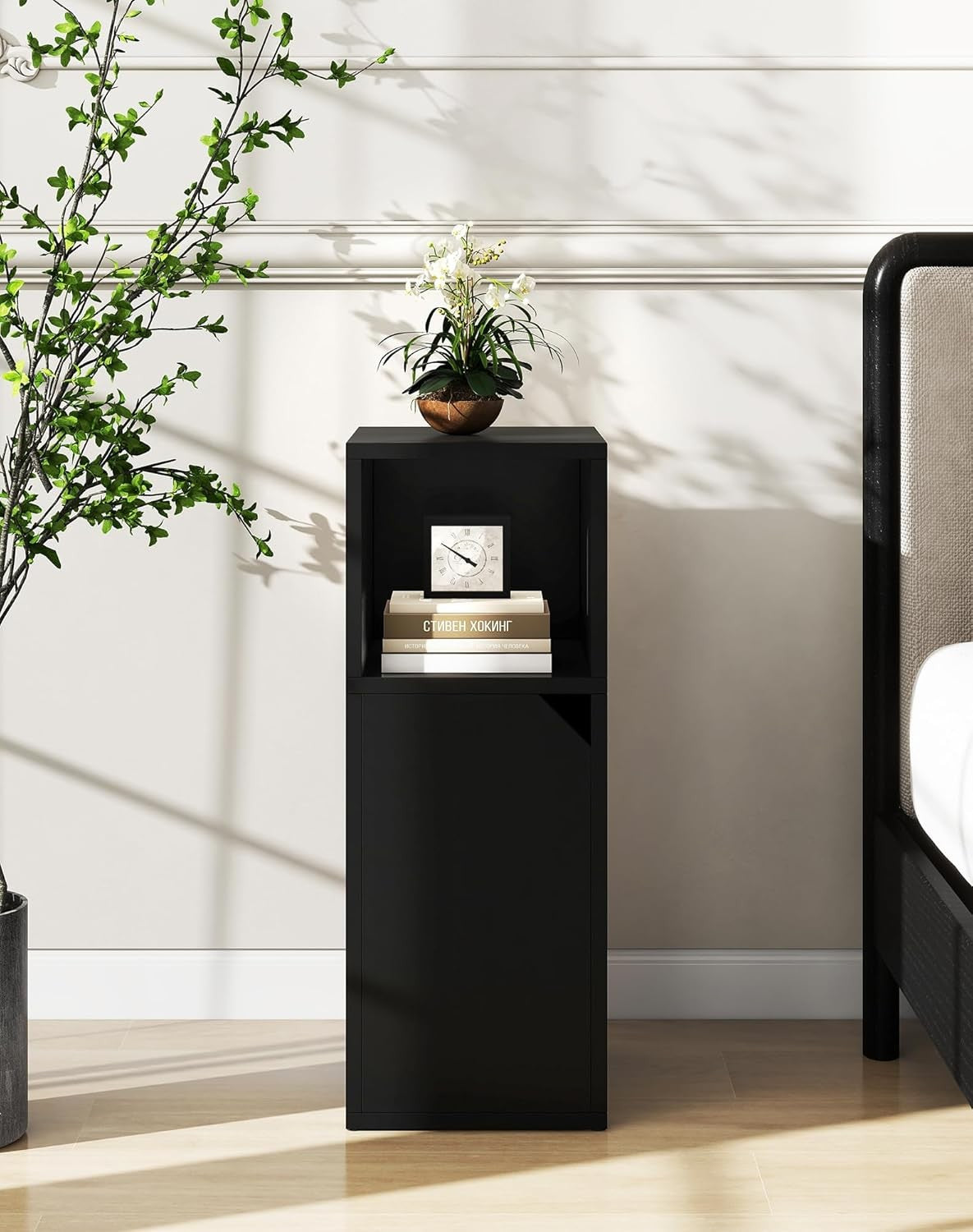 Slim Bedside Tables Set of 2 – Narrow Nightstands with Door & Open Shelf Storage