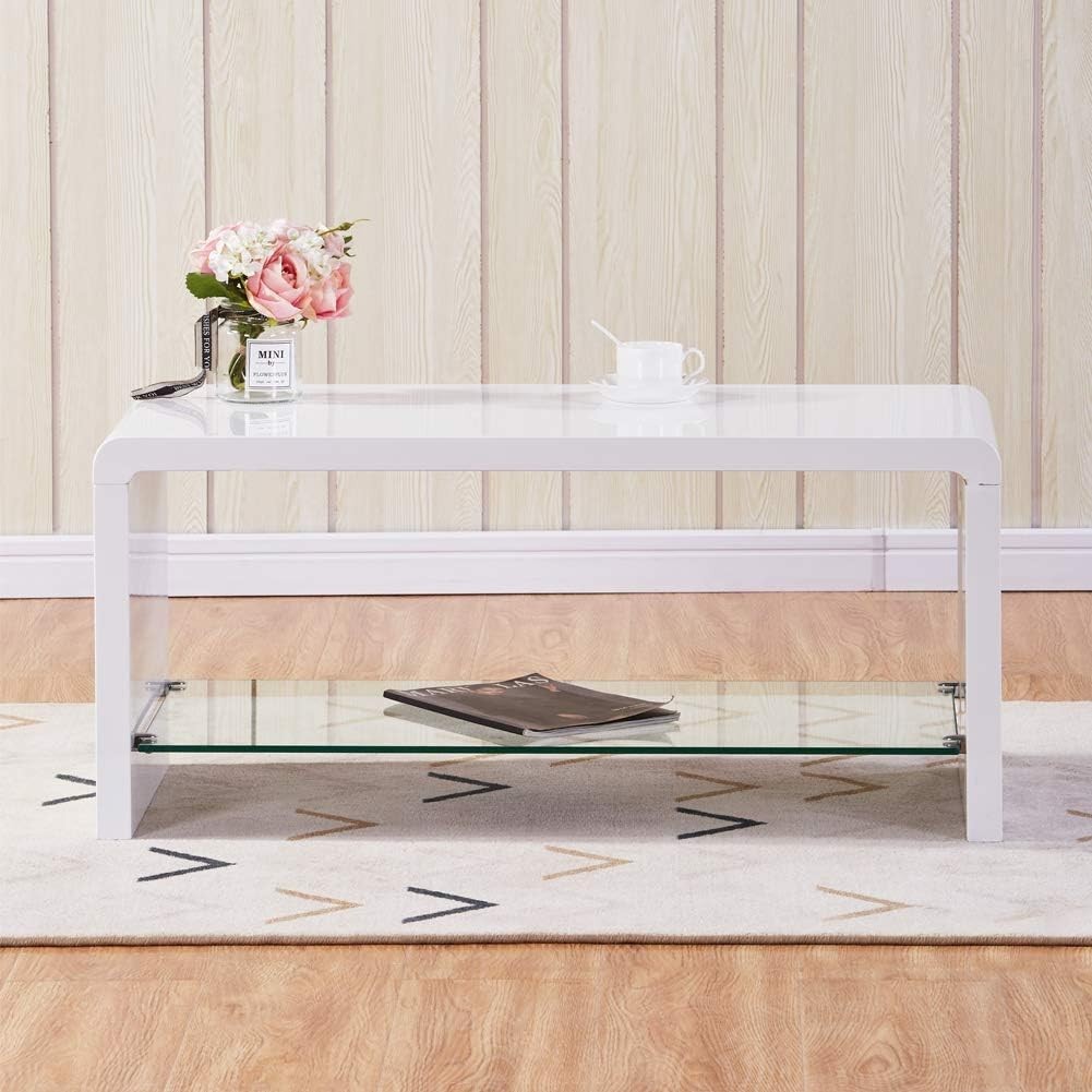 High Gloss White Coffee Table with Tempered Glass Storage Shelf 100x45x45cm