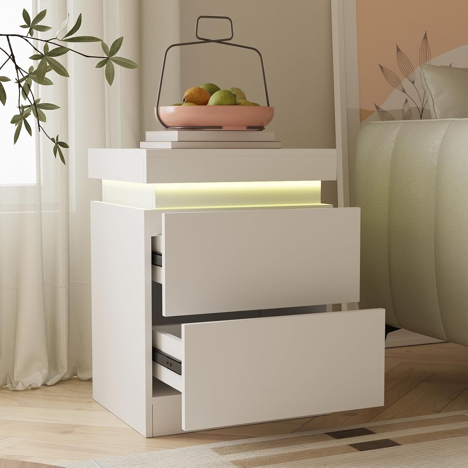 Modern LED Bedside Tables Set of 2 with USB Charging | White 2 Drawer Nightstand
