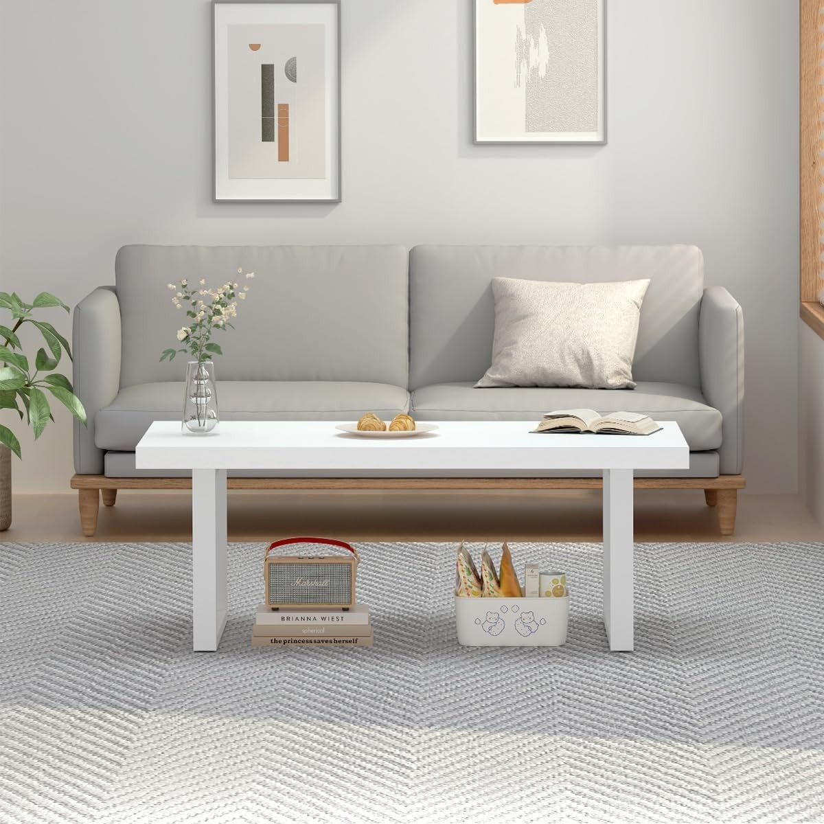White Oak Coffee Table 99x53cm Minimalist Industrial Metal Frame Durable