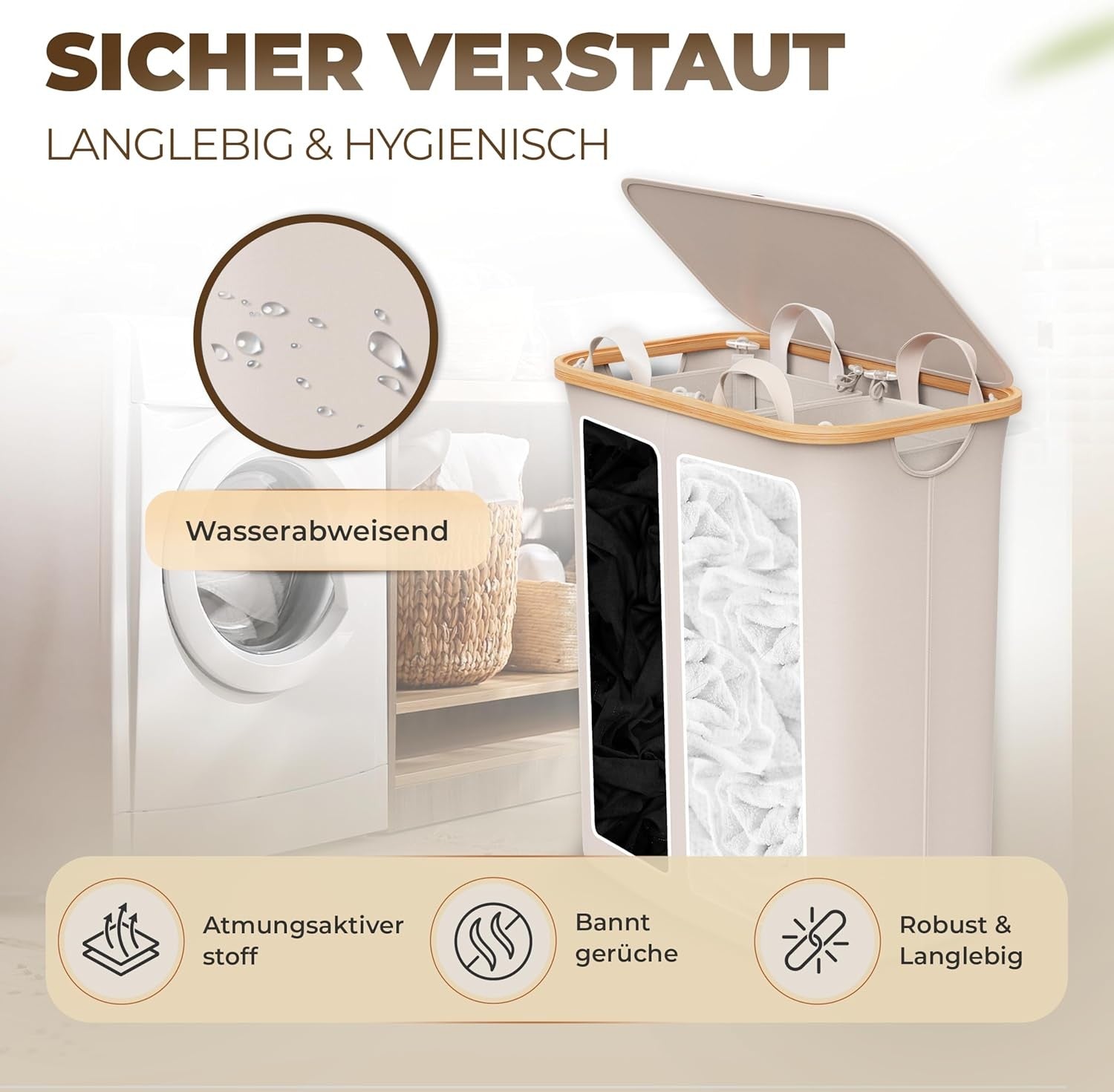 150L Foldable Laundry Hamper Bamboo Lid 2 Compartments Large Beige Basket