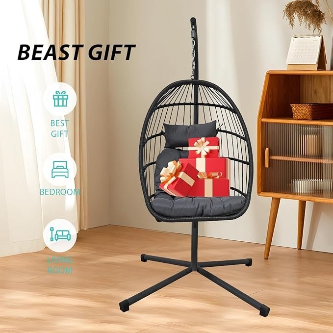 Foldable Egg Swing Chair with Stand – 300lbs, Cushioned, Weatherproof