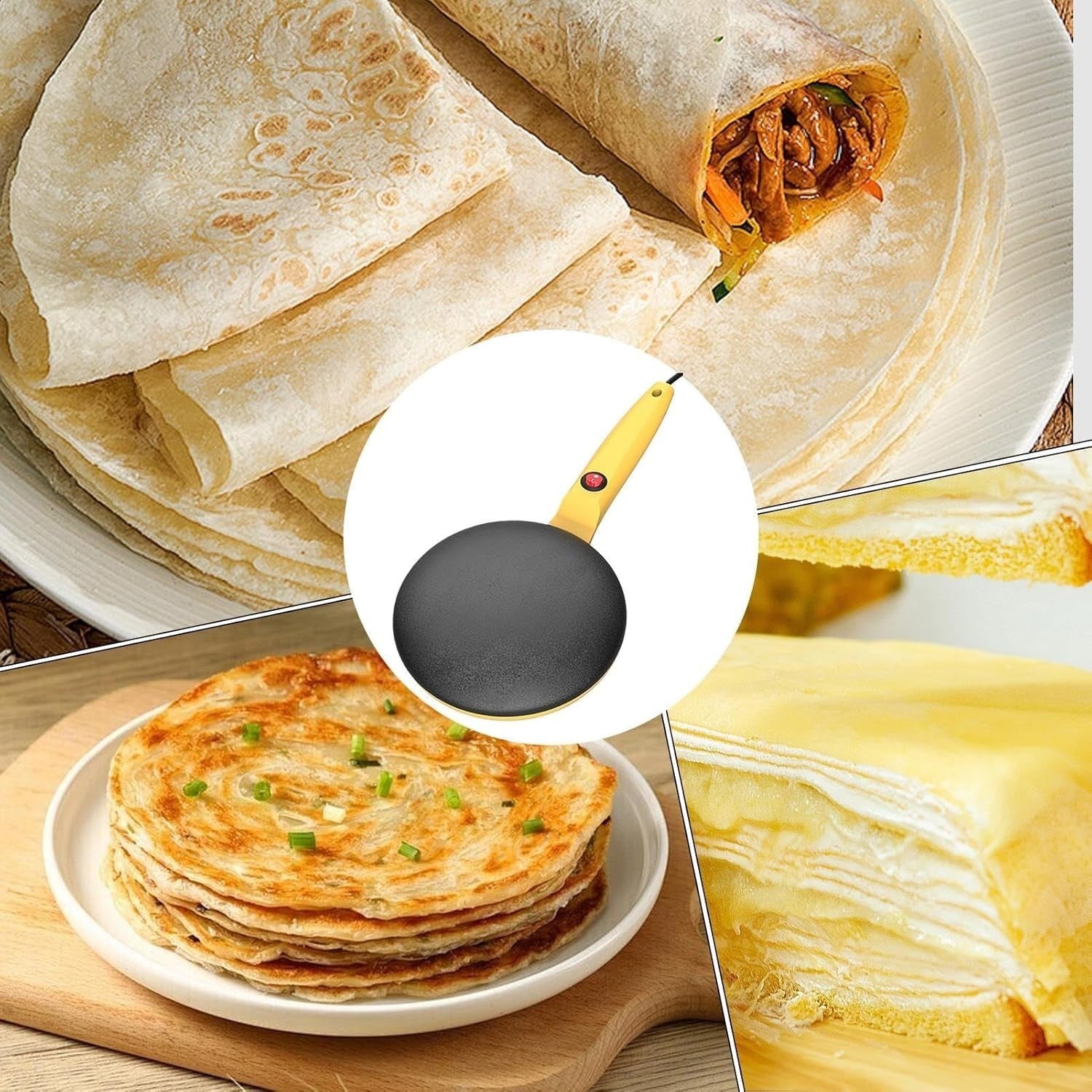 8" Electric Crepe Maker Non Stick Pancake Maker with Handle & Tray Yellow