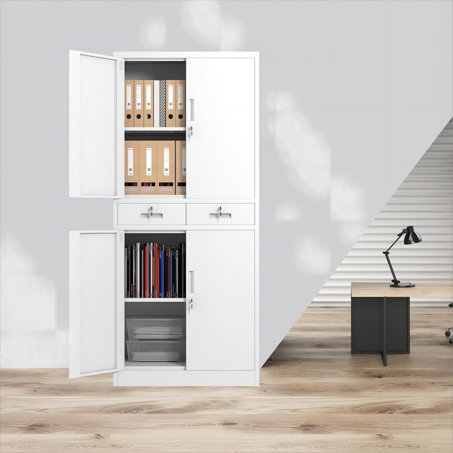 White Metal Storage Cupboard with Locks Drawers Adjustable Shelves 180cm