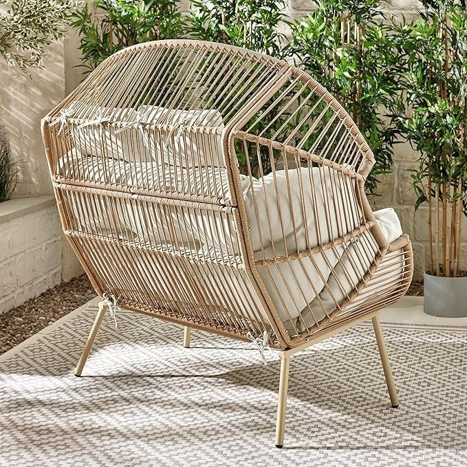 Outdoor Rattan Double Egg Chair 2 Seat Garden Swing Cream Cushions Cover