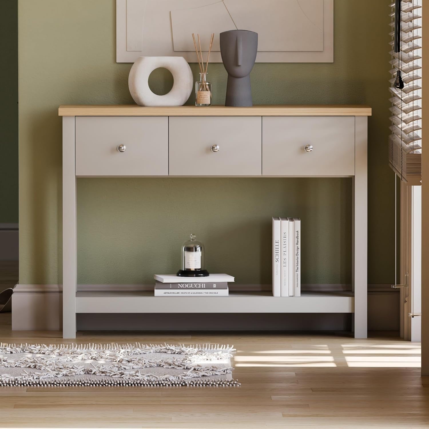 Console Table with Storage Shelf & 3 Drawers, Grey MDF, 74H x 100W x 30D cm