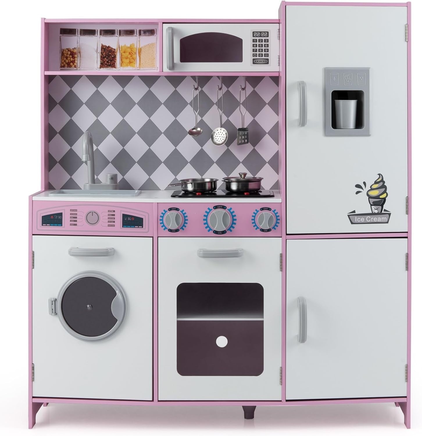 Large Wooden Kids Play Kitchen Pink White Lights Sounds Toy Set