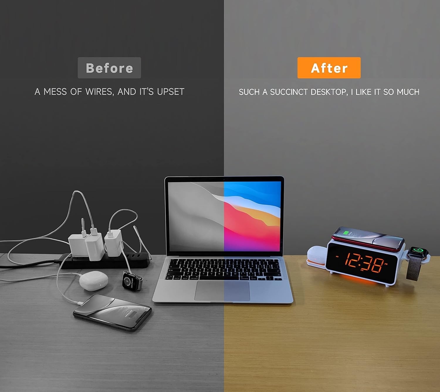 Wireless Charging Alarm Clock Radio Bluetooth Speaker USB Fast Charge LED