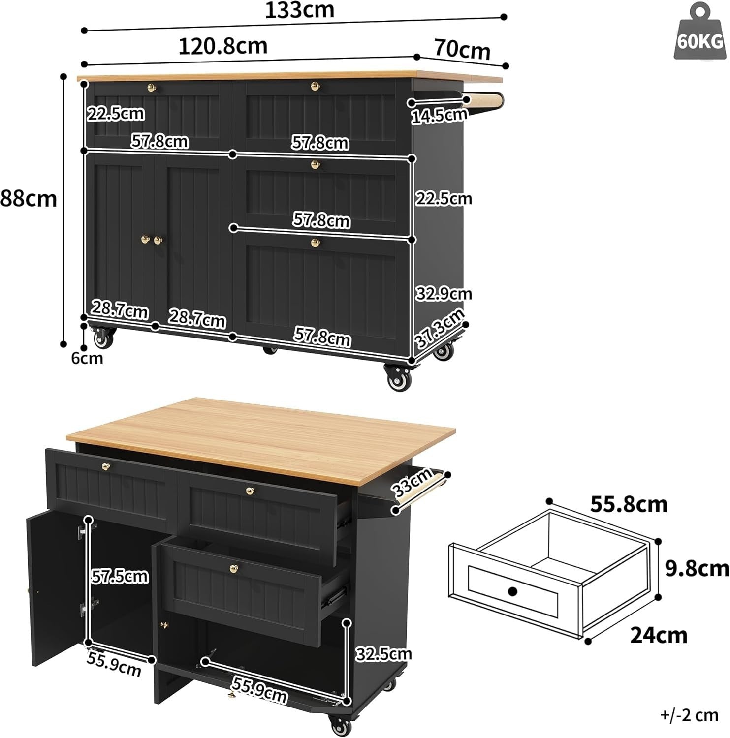 Rolling Kitchen Island with Foldable Worktop, Wine Rack & Spacious Storage
