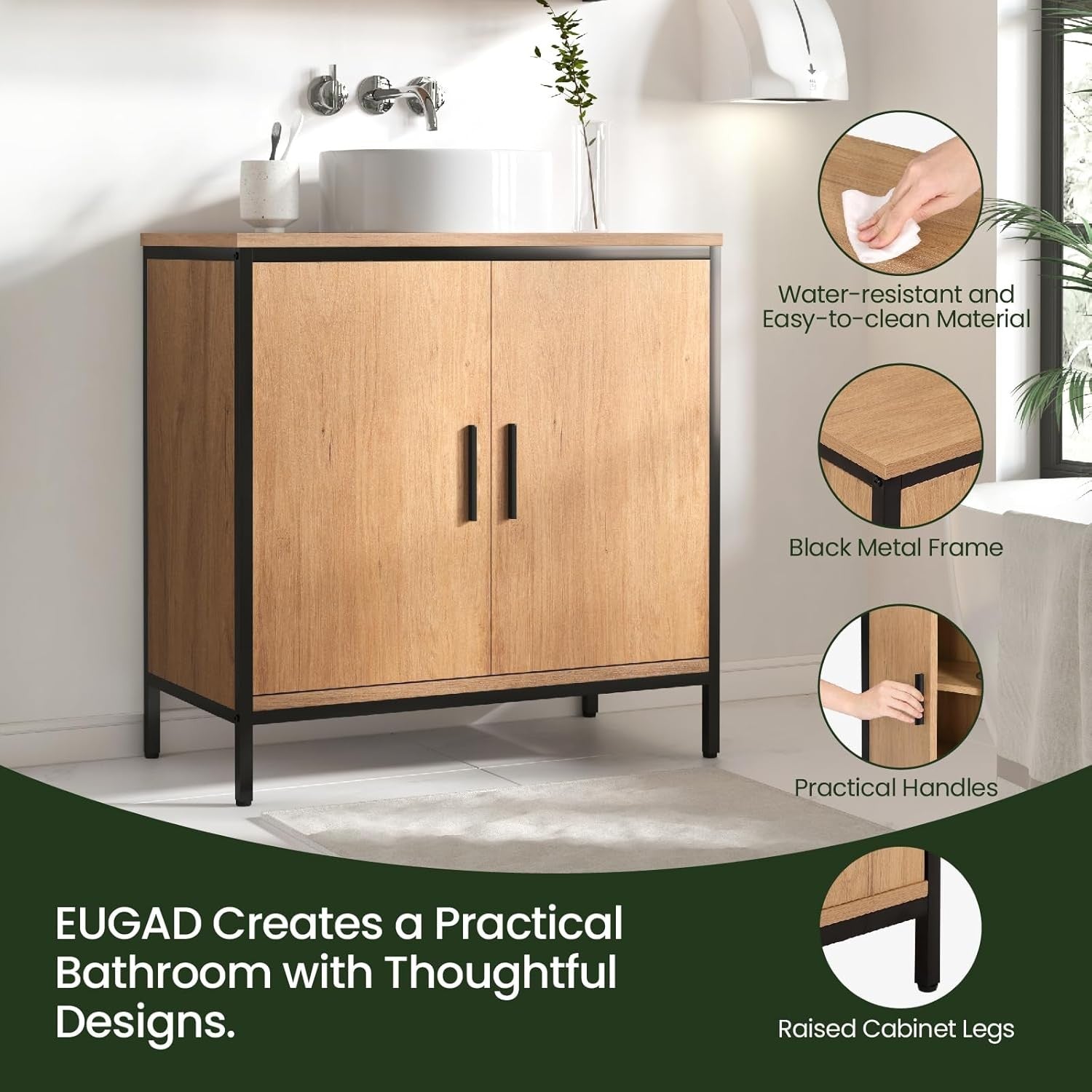 Wood Effect Under Sink Bathroom Cabinet 2 Door Vanity Storage Unit 60x30x60cm