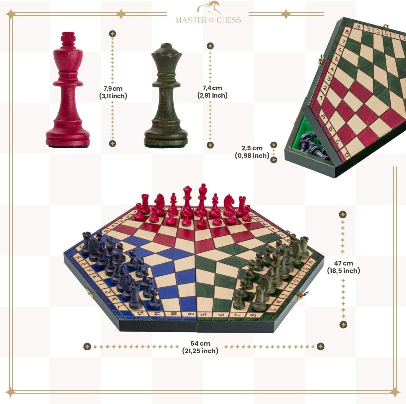 XL 3-Player Wooden Chess Set 54×47cm Hexagonal Board Handcrafted Travel Game