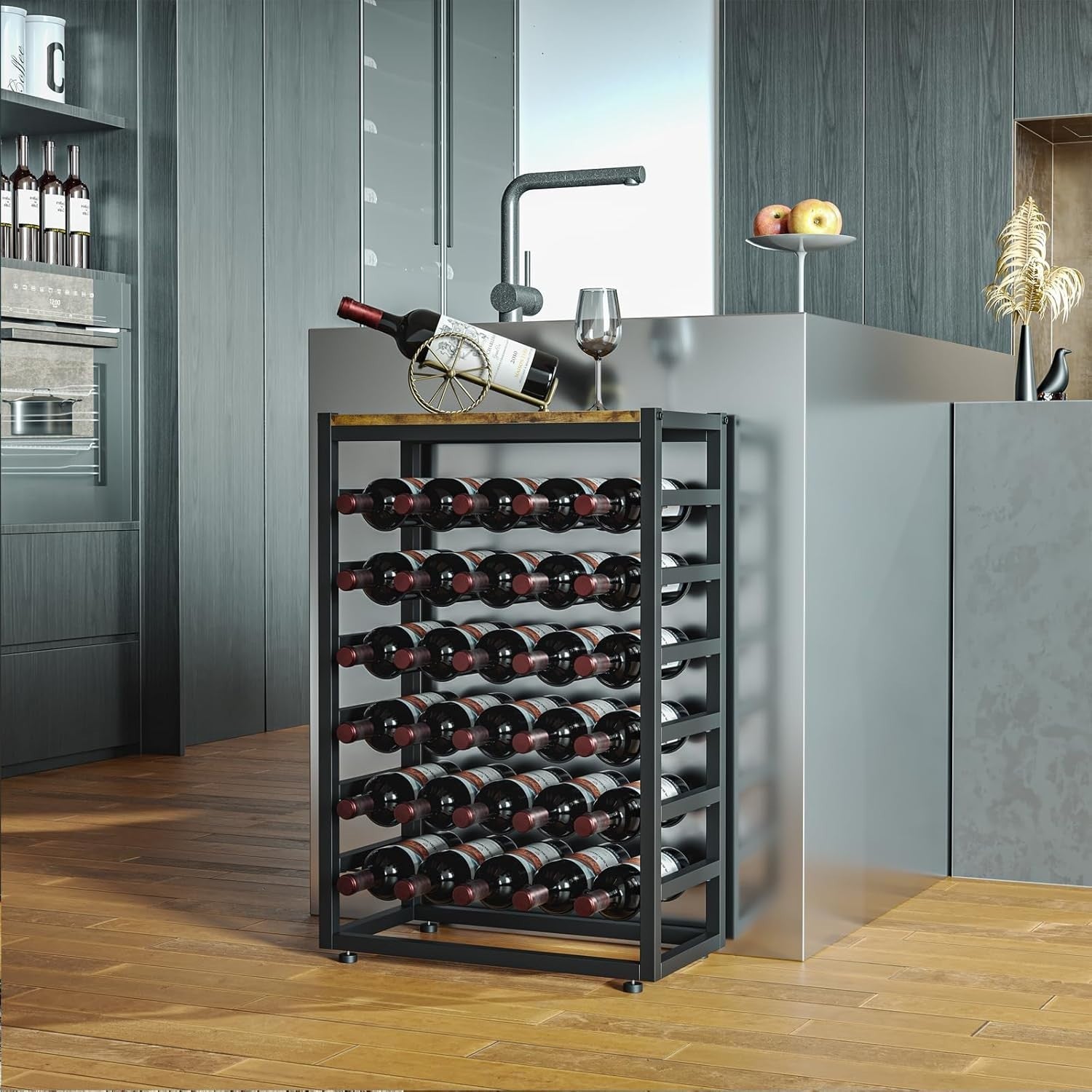 30 Bottle Wine Rack Floor Standing with Wood Top, 6-Tier Metal Wine Storage