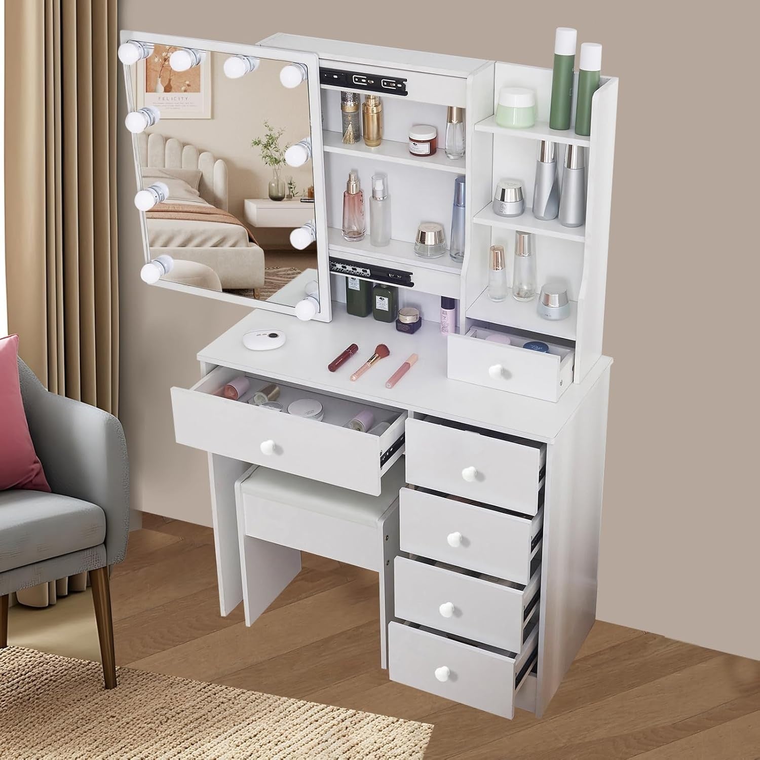 White Dressing Table Vanity Desk with Lighted Mirror 6 Drawers & Stool