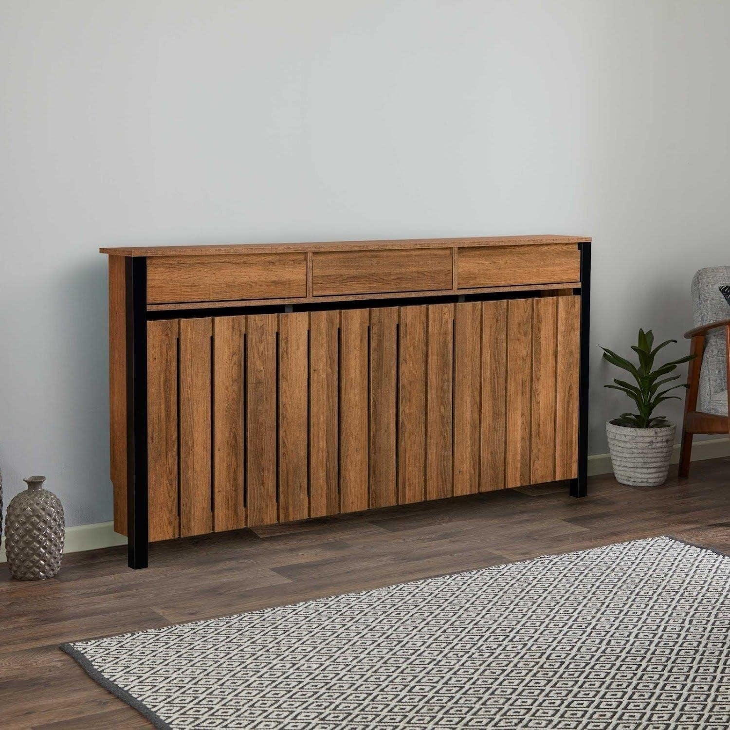 Black & Wood Radiator Cover Cabinet with Drawers Modern MDF Storage, Large