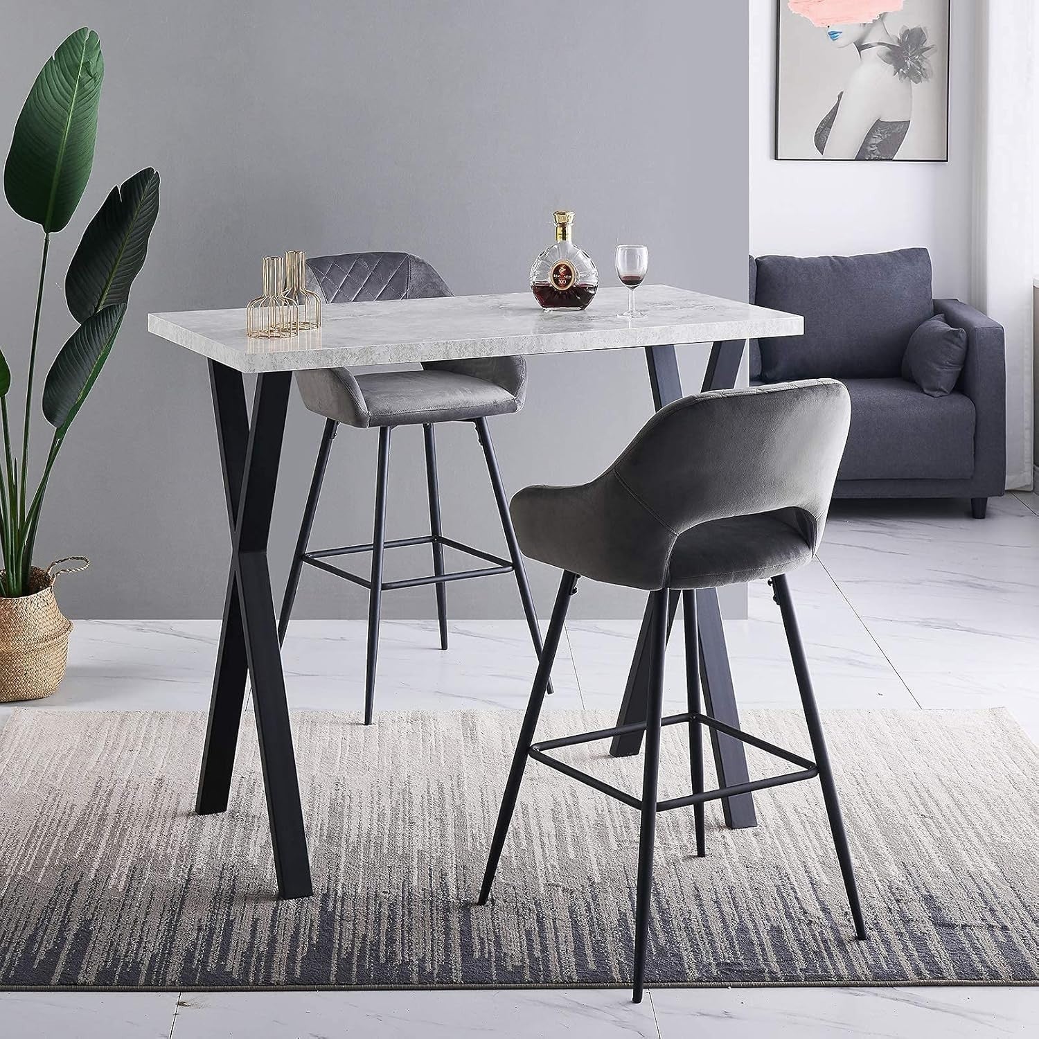 Grey Marble Effect Breakfast Bar Table with Metal Legs – Modern Counter Dining