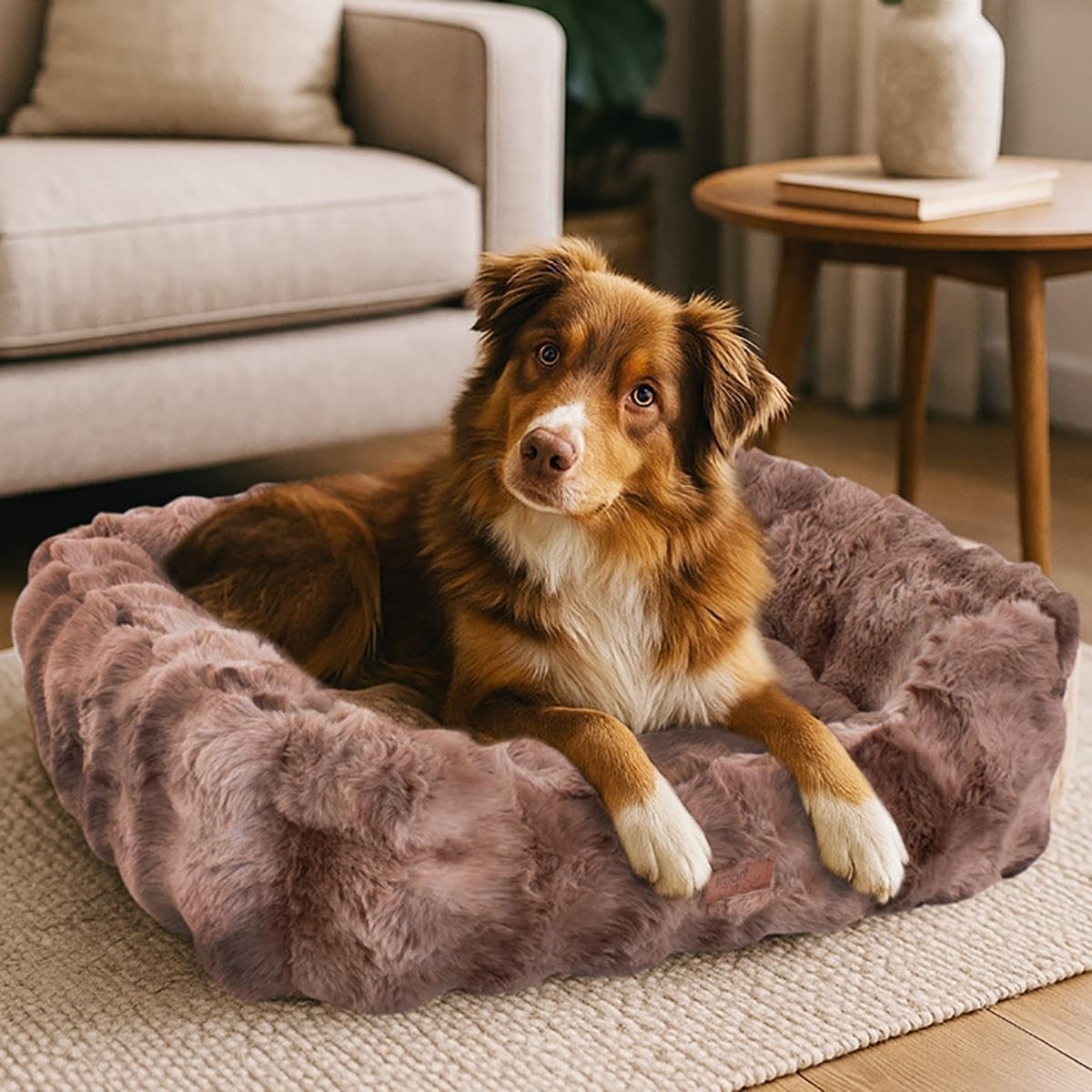 Large Faux Fur Dog Bed 71x58cm Fluffy Warm Brown