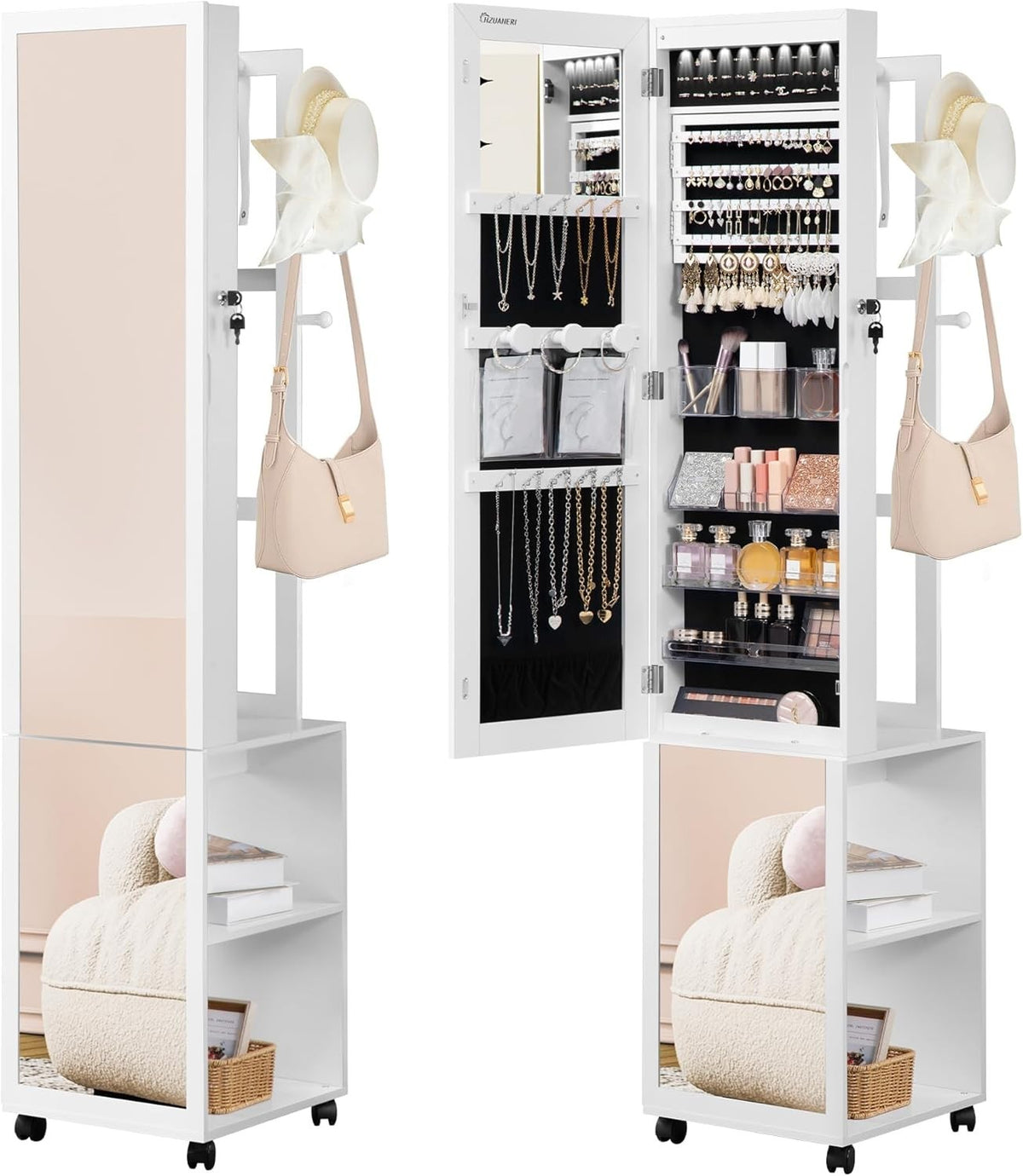 White & Black LED Jewelry Cabinet Mirror Lockable Rolling Storage Rack