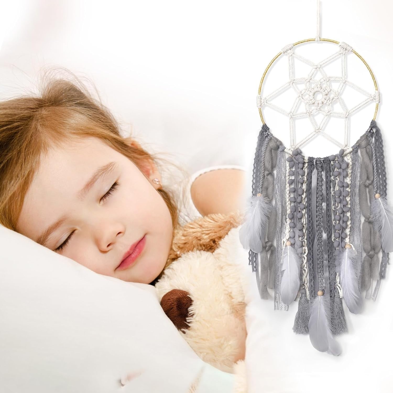 Boho Dream Catcher 64cm Woven Grey Feather Wall Hanging Decor