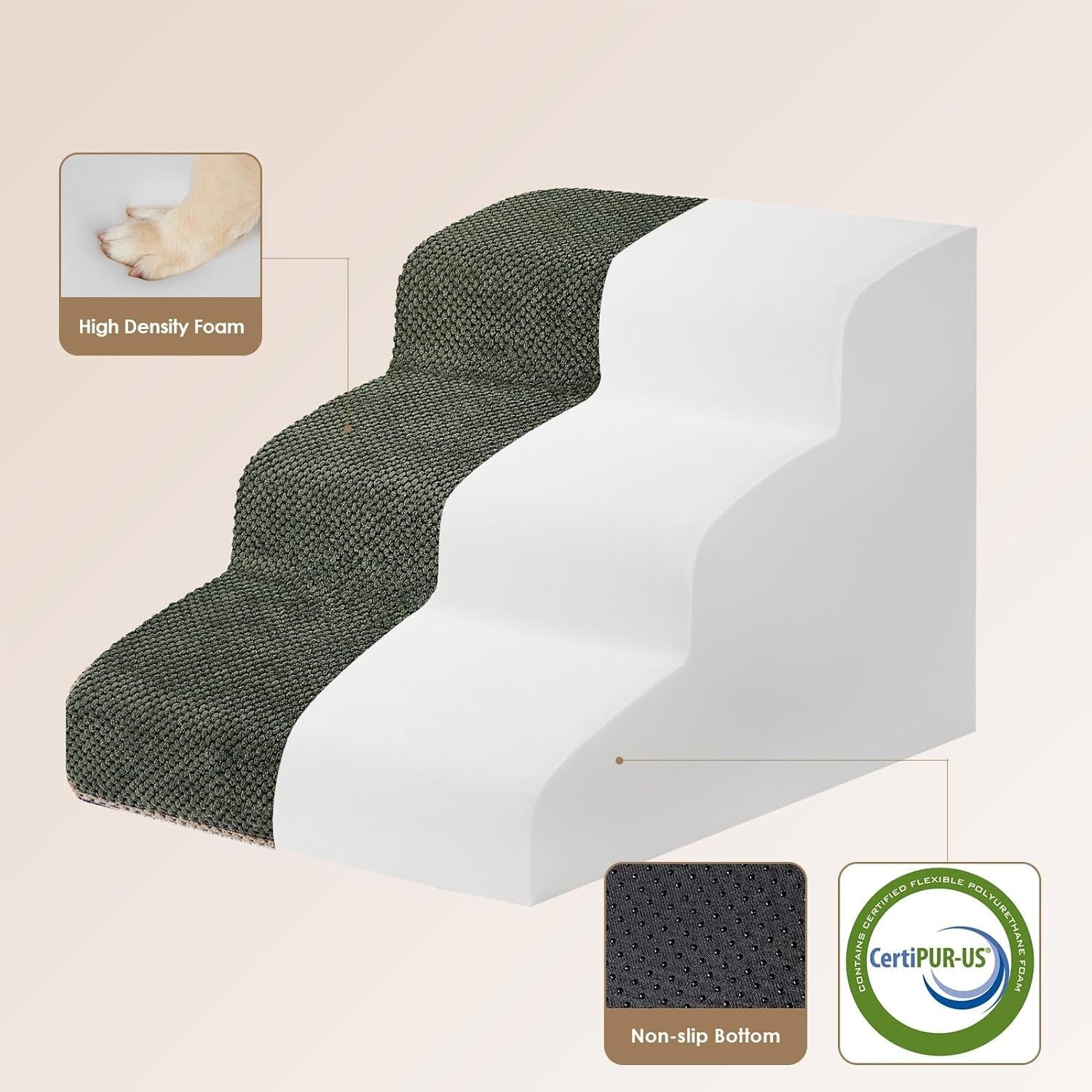 3 Step Dog Stairs for Bed Non Slip Foam Pet Steps Olive 40x57x40