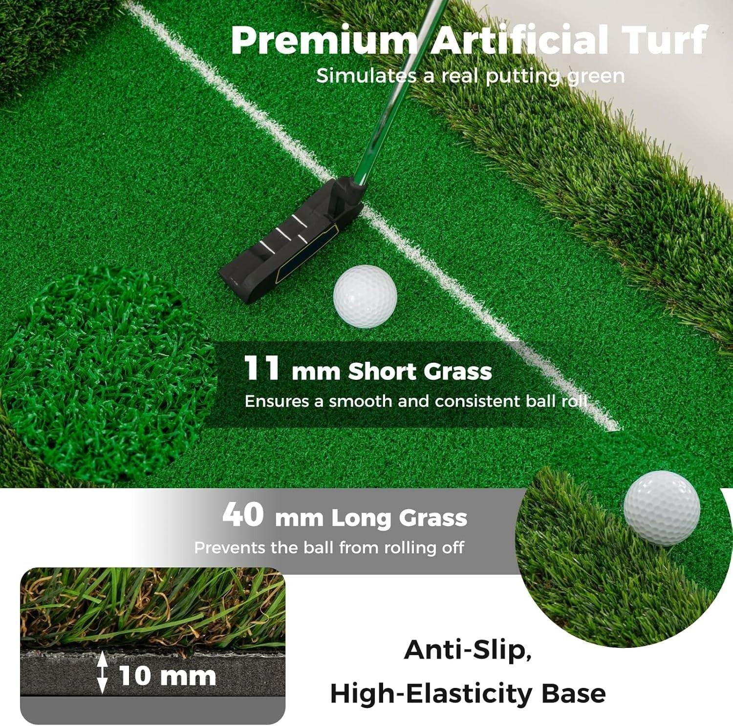 Golf Putting Green Mat 10ft Indoor Outdoor Practice Trainer 2 Holes Balls