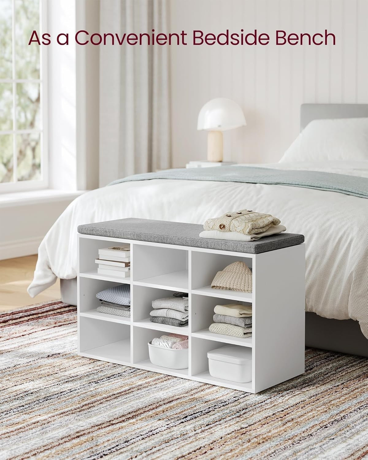 Shoe Bench with Cushion Storage Seat, 9 Compartment Hallway Unit, White