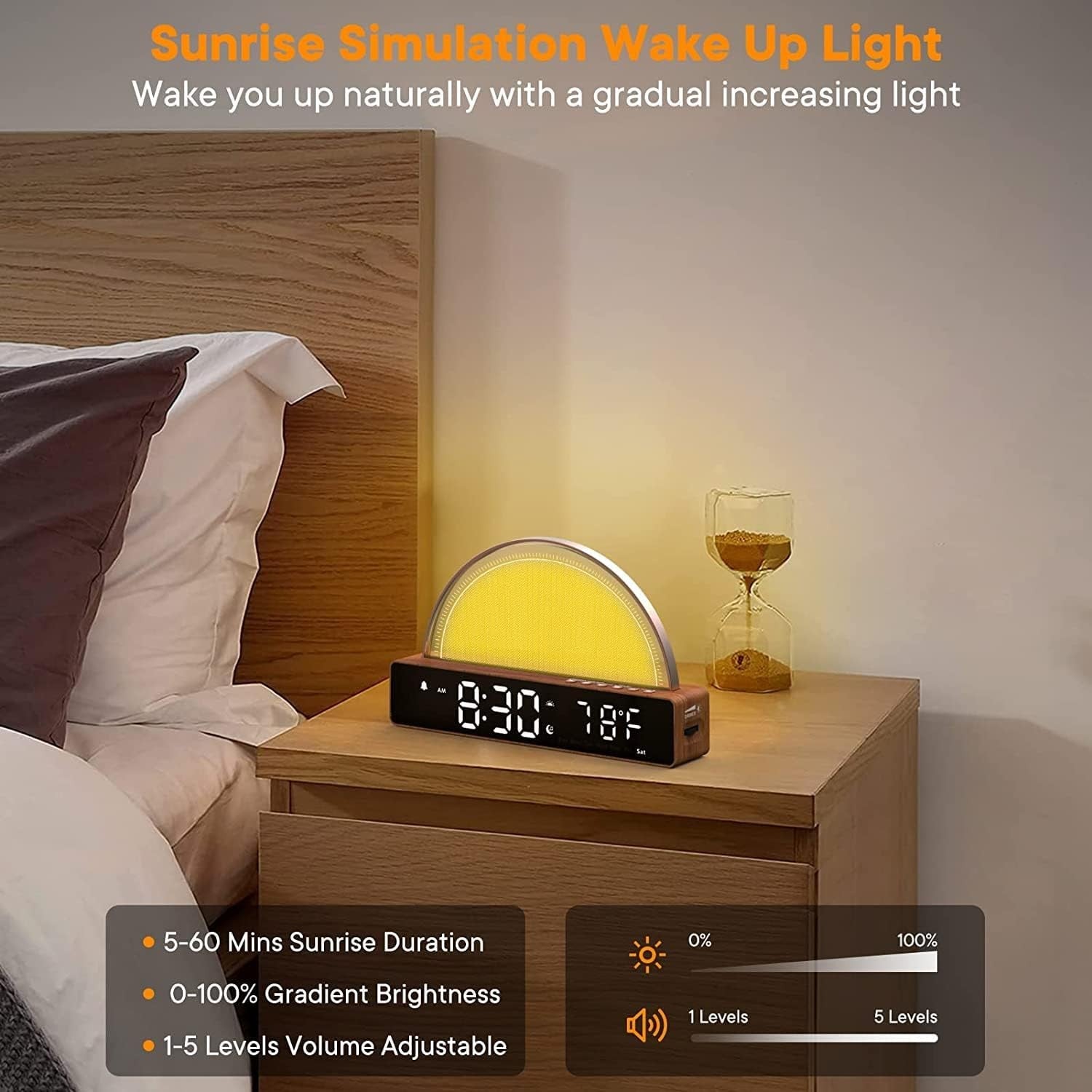 Sunrise Alarm Clock Wake Up Light White Noise Touch Dimmable Night Lamp