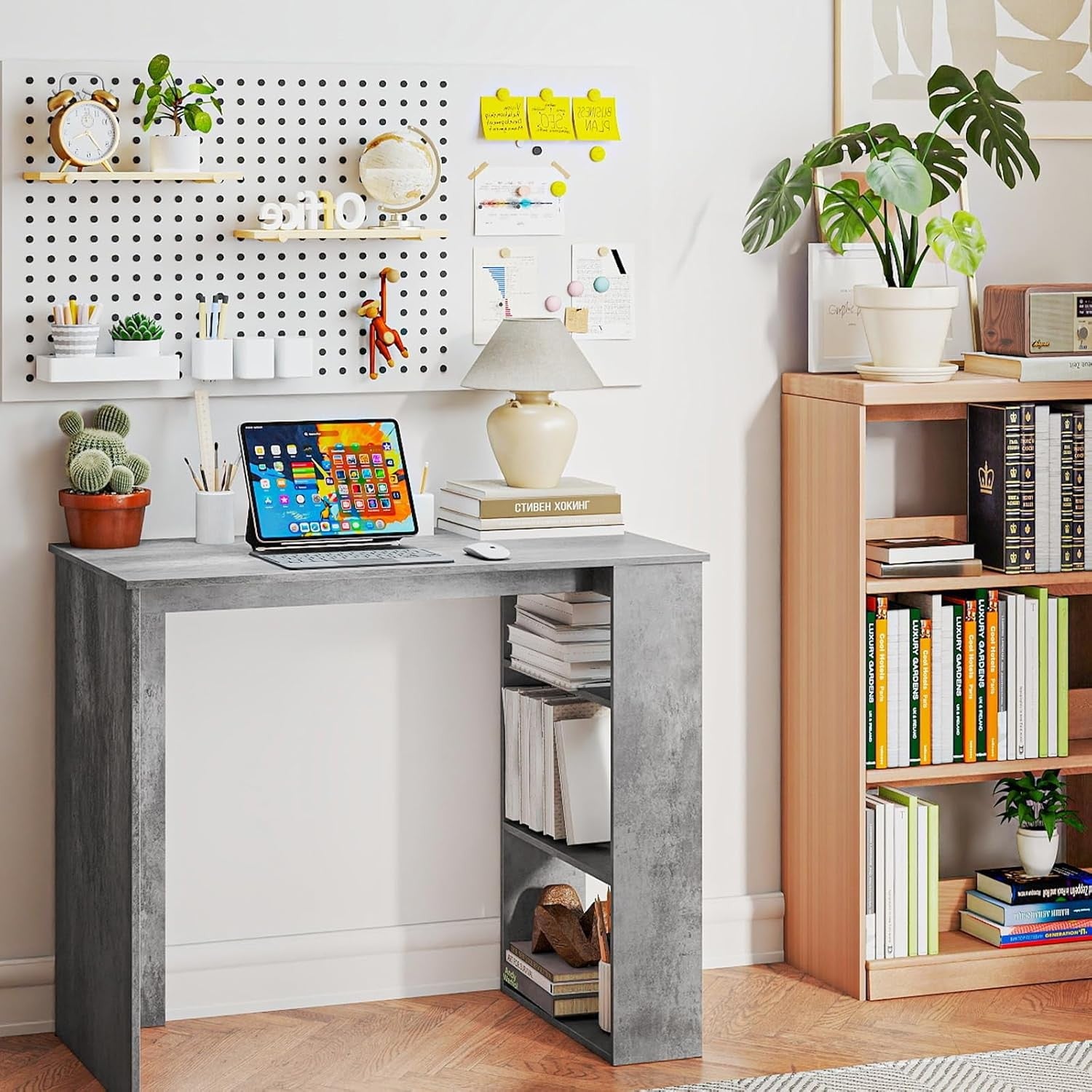 Compact Computer Desk with Bookshelf Small Space Home Office Laptop Table Grey
