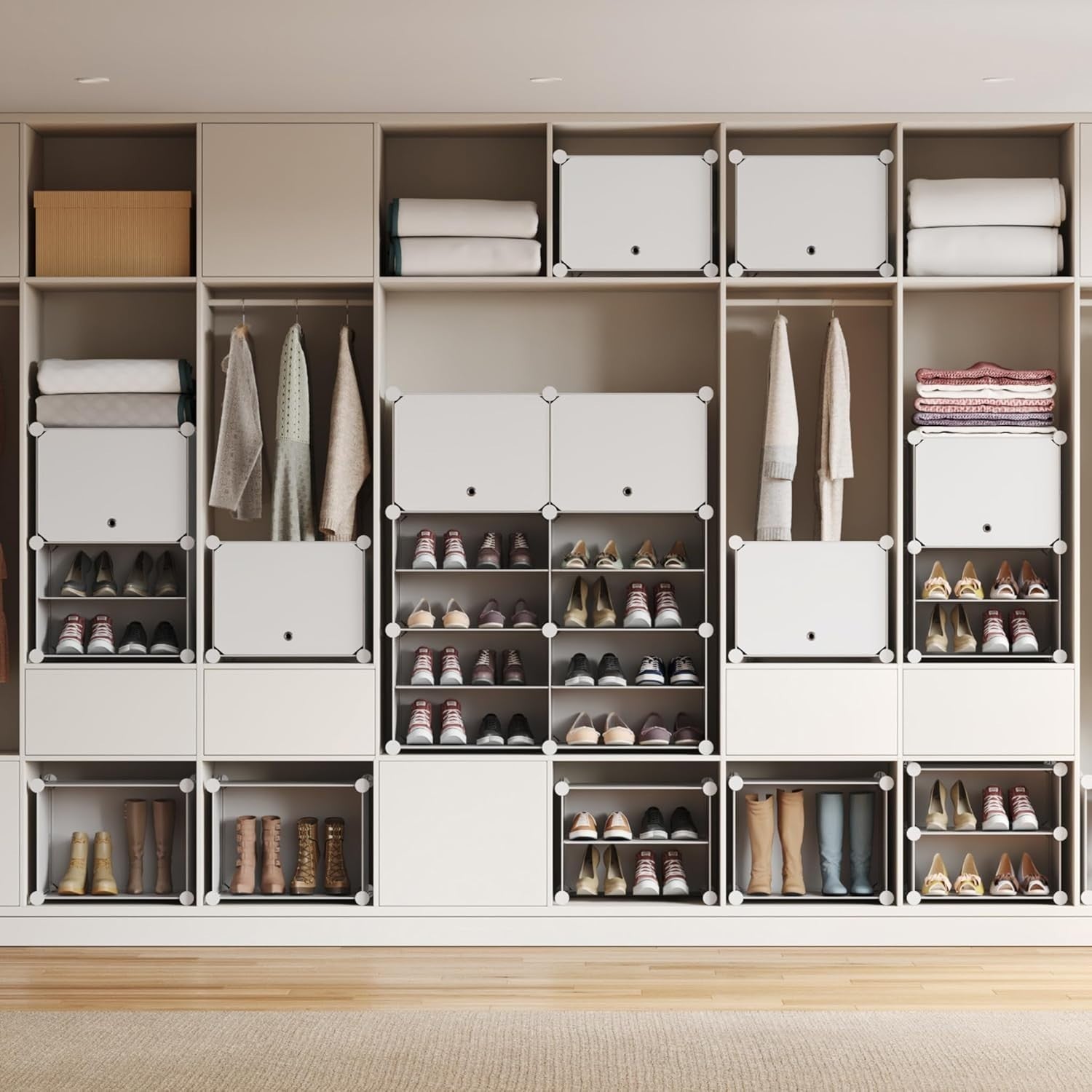 60 Pair Shoe Rack 3x10 Tier Modular Plastic Storage with Hooks & Removable