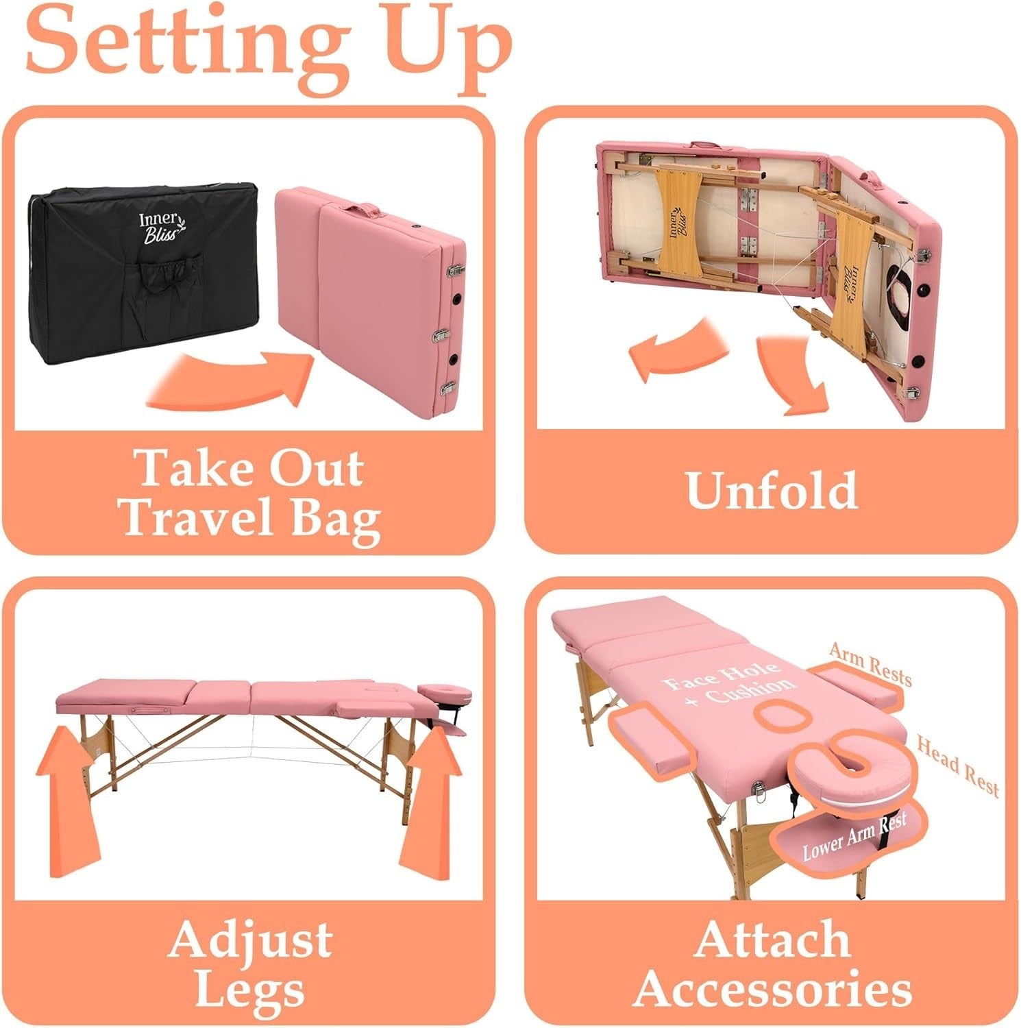 Portable Massage Table 3-Section Folding Therapy Bed w/ Backrest Cradle Pink