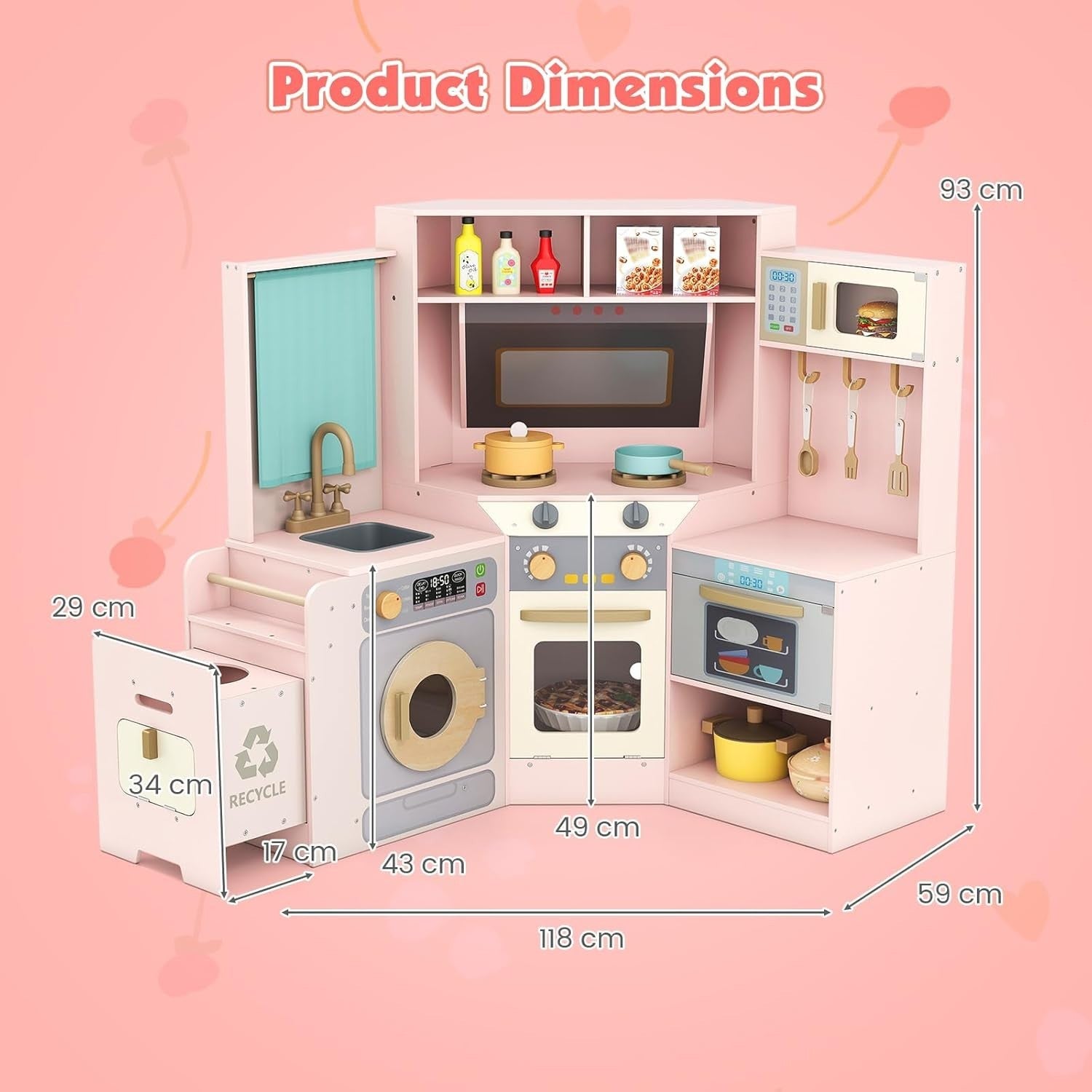 Corner Kids Play Kitchen Lights Sounds Washer Pink Chef Toy