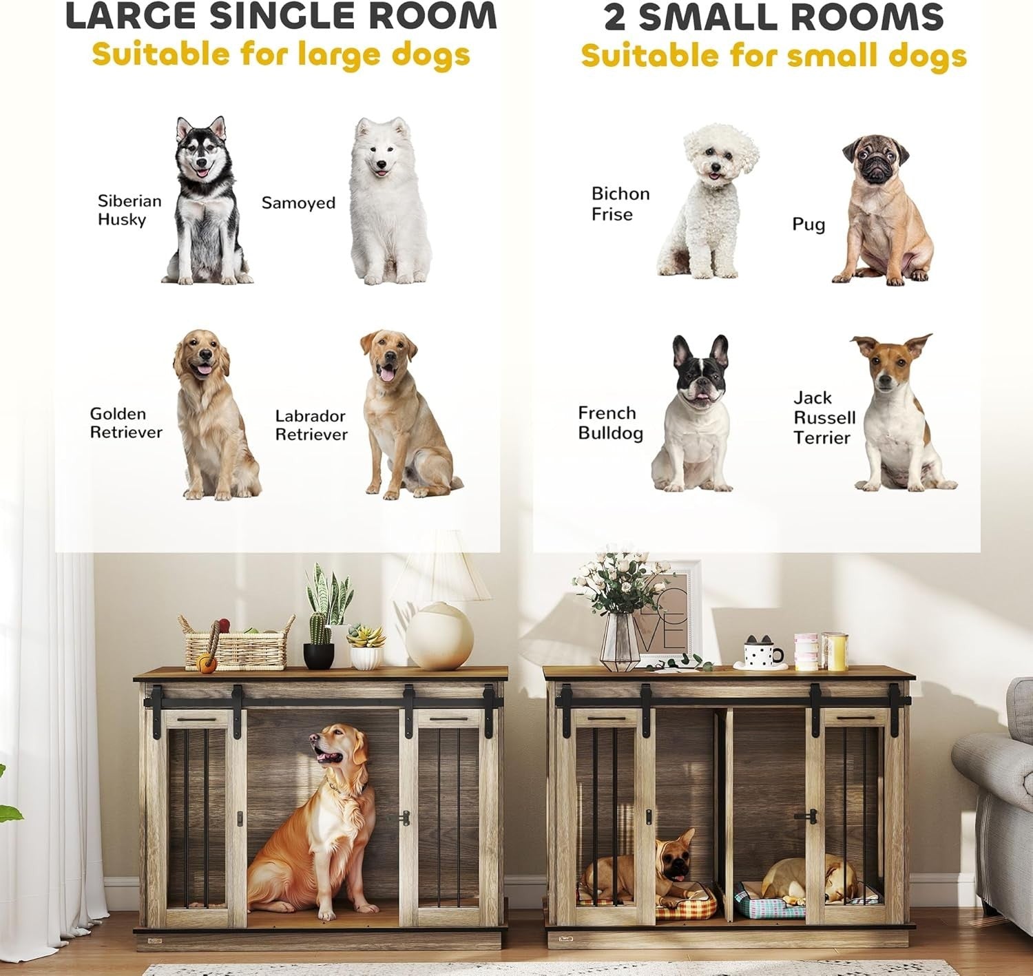 Large Oak Tone Dog Crate Furniture with Divider, Sliding Doors & Side Table
