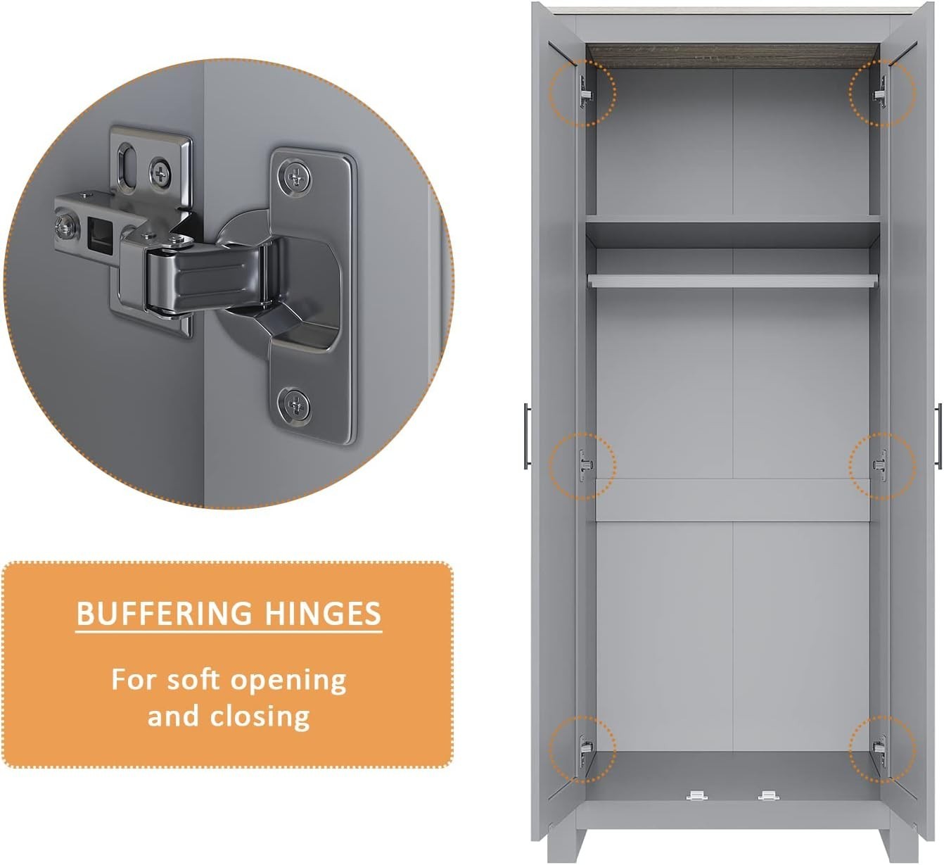 Grey Oak 2 Door Wardrobe with Clothes Rail Soft Close Doors Bedroom Storage