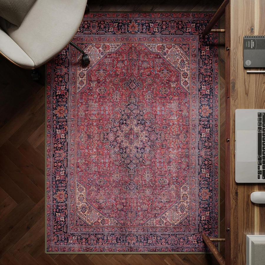 Washable Rug 122x170cm Non-Slip Short Pile Vintage Red Area Carpet Home Decor
