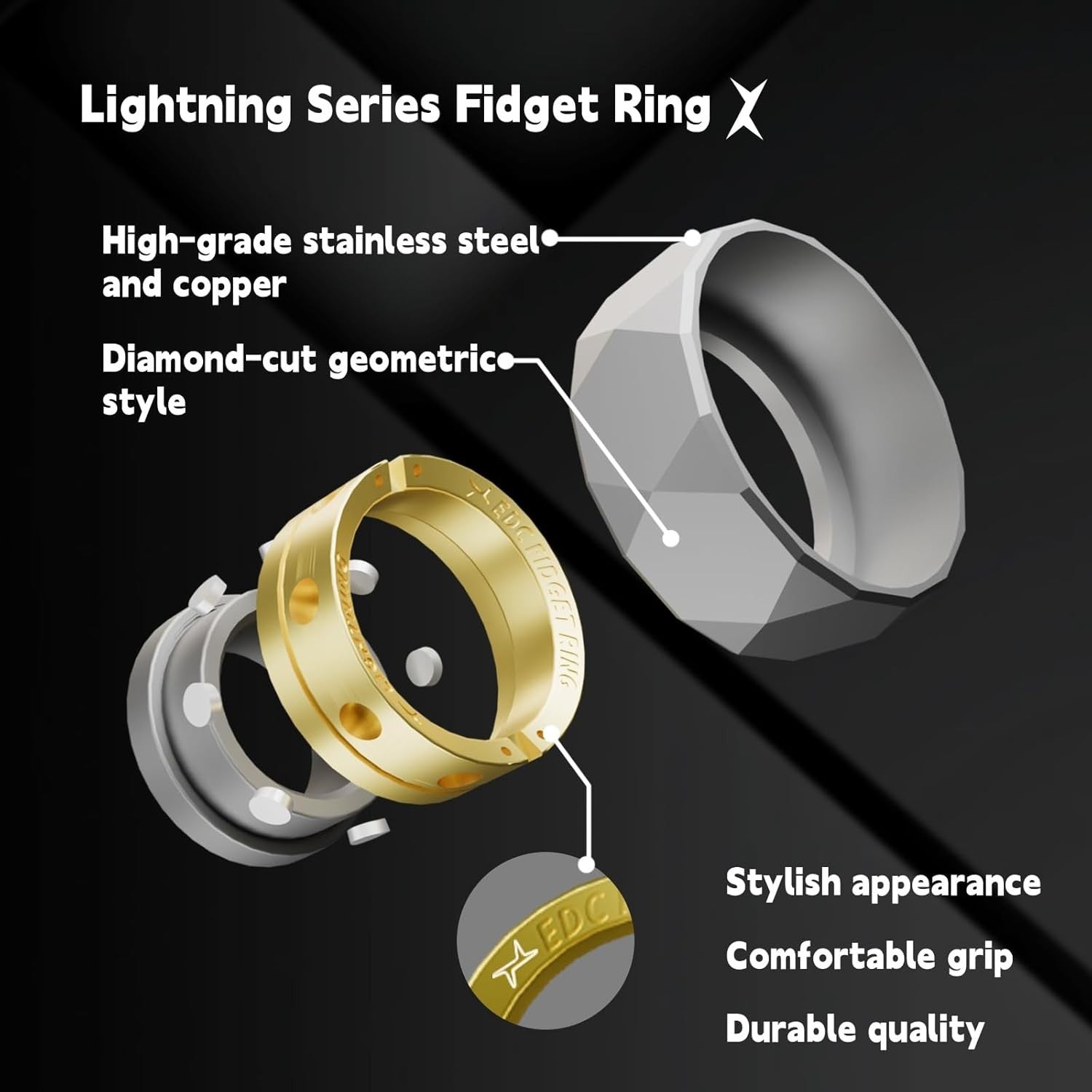 Stainless Steel Fidget Ring Spinner Silent Click Stress Relief EDC