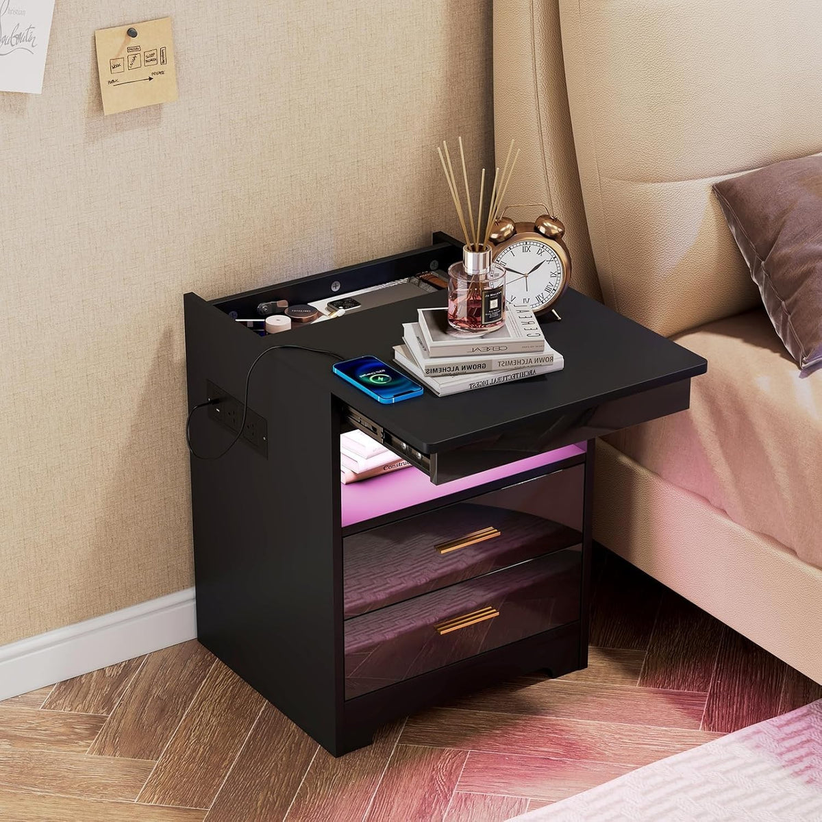 Black LED Bedside Table with USB Charging Ports, Lockable Drawers & RGB Lights