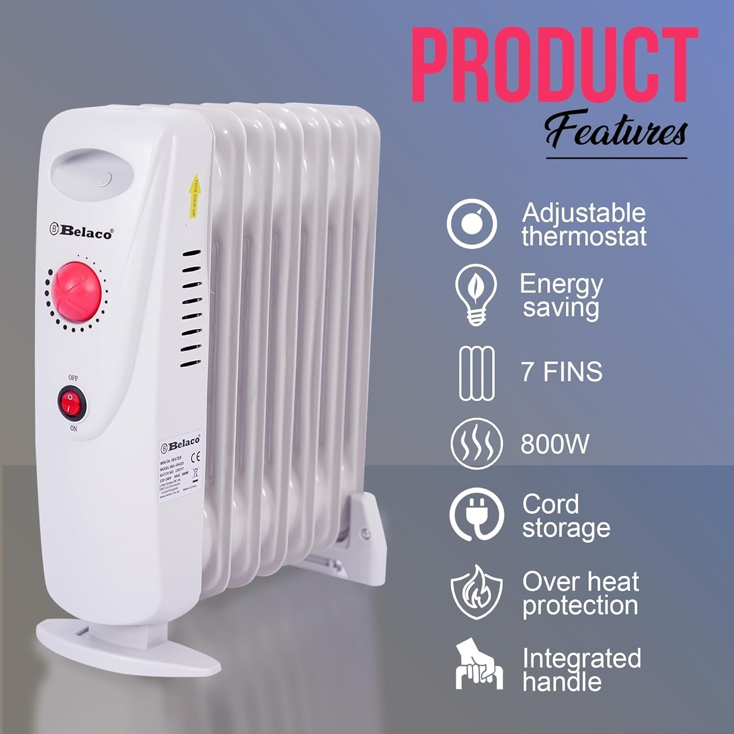 800W Mini Oil Filled Radiator 7 Fin Portable Electric Heater White