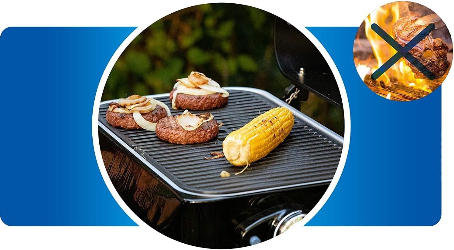 Portable Tabletop Gas BBQ Grill with Lid Thermometer Cast Iron Cooking Surface