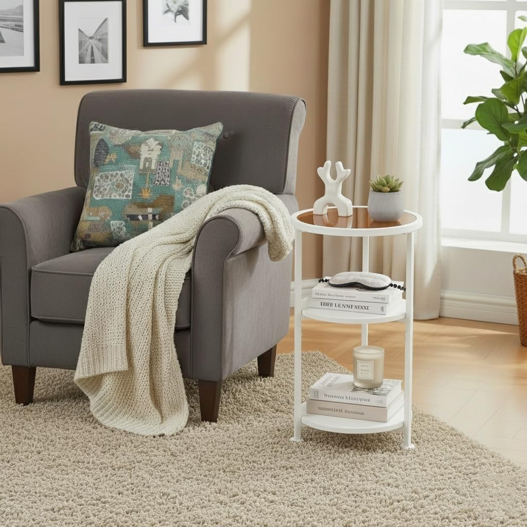 Modern White Round Side Table with Tempered Glass & 3-Tier Storage Shelf