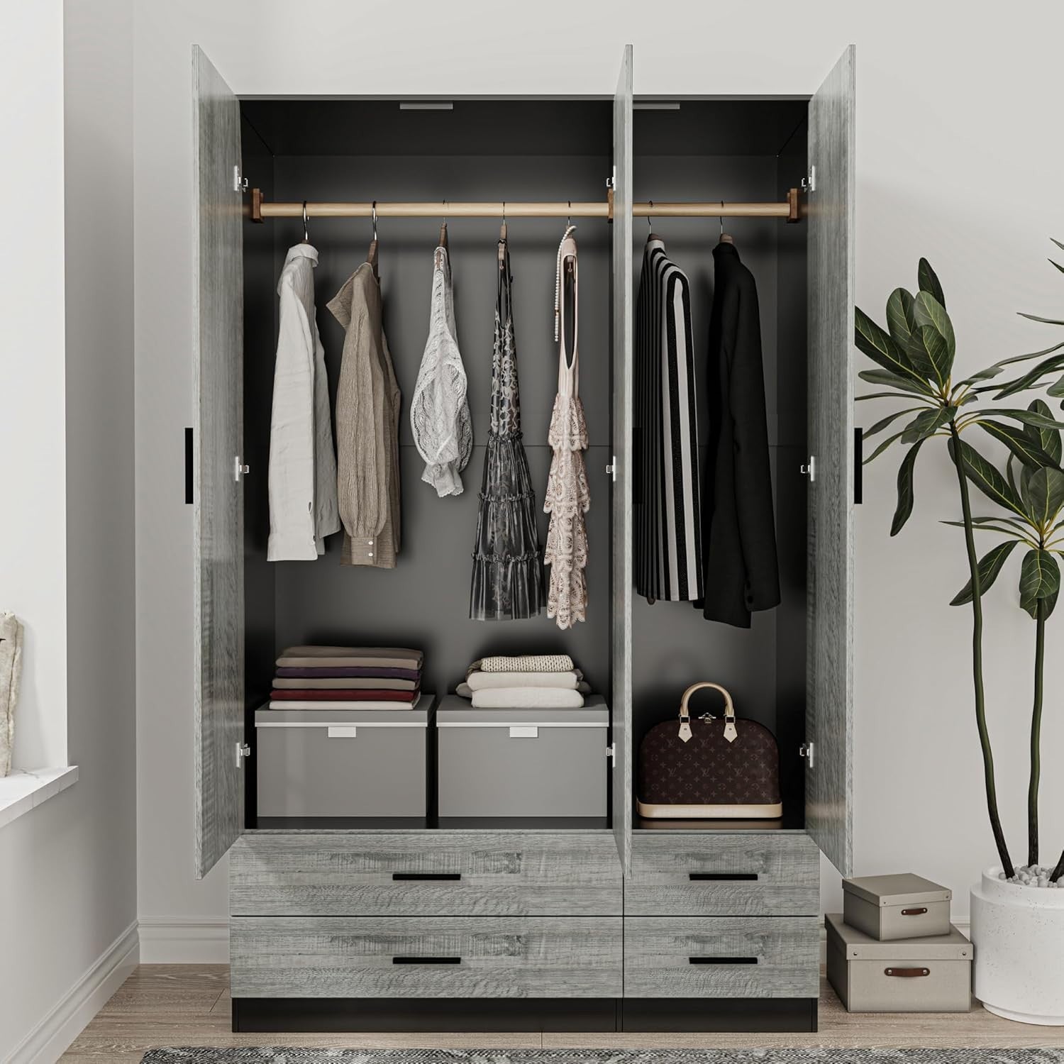 3 Door 4 Drawer Wardrobe Hanging Rail Black Ash Grey Bedroom Storage