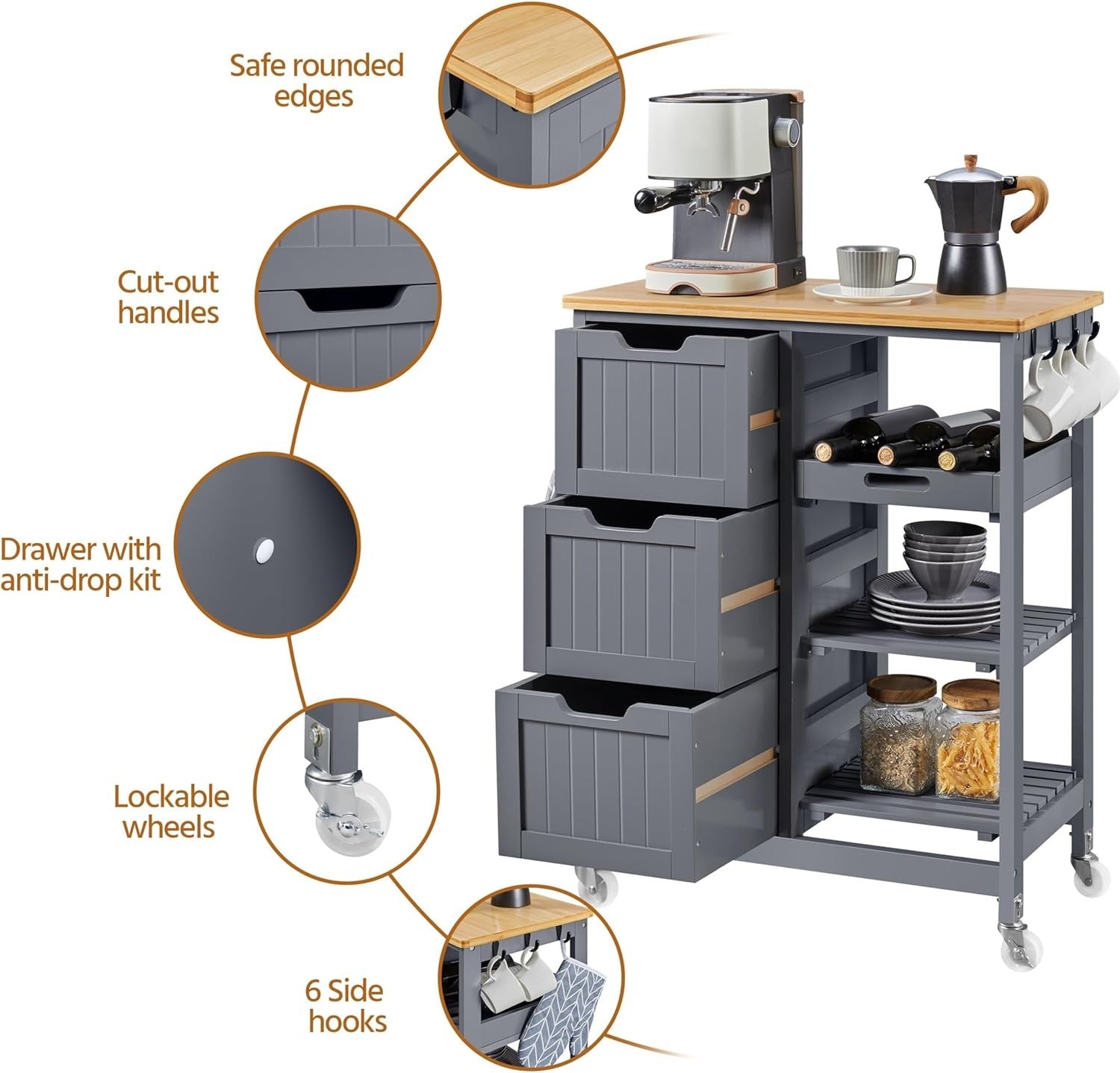 Kitchen Storage Trolley on Wheels with Drawers 3 Tier Rolling Island Cart