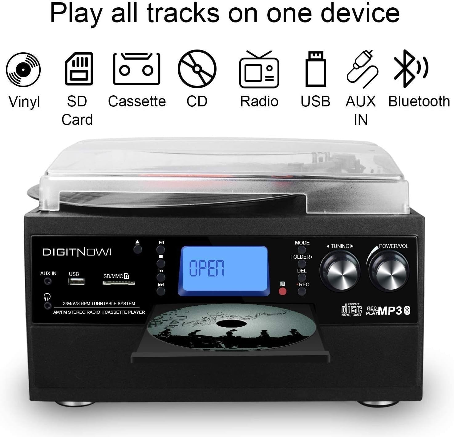 Bluetooth Record Player Turntable CD Cassette AM FM USB SD Encoding